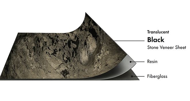 Black Translucent flexible stone veneer layers with real stone, resin and fiberglass by Ryan Stone Creations