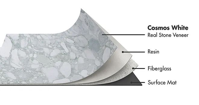 Cosmos White Marble flexible stone veneer layers with real stone, resin, fiberglass, and surface mat by Ryan Stone Creations