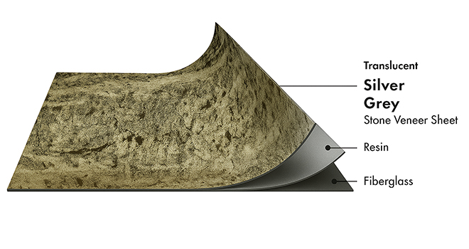 Silver Grey Translucent flexible stone veneer layers with real stone, resin and fiberglass by Ryan Stone Creations