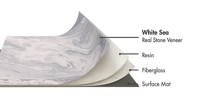 Sea White Marble flexible stone veneer layers with real stone, resin, fiberglass, and surface mat by Ryan Stone Creations
